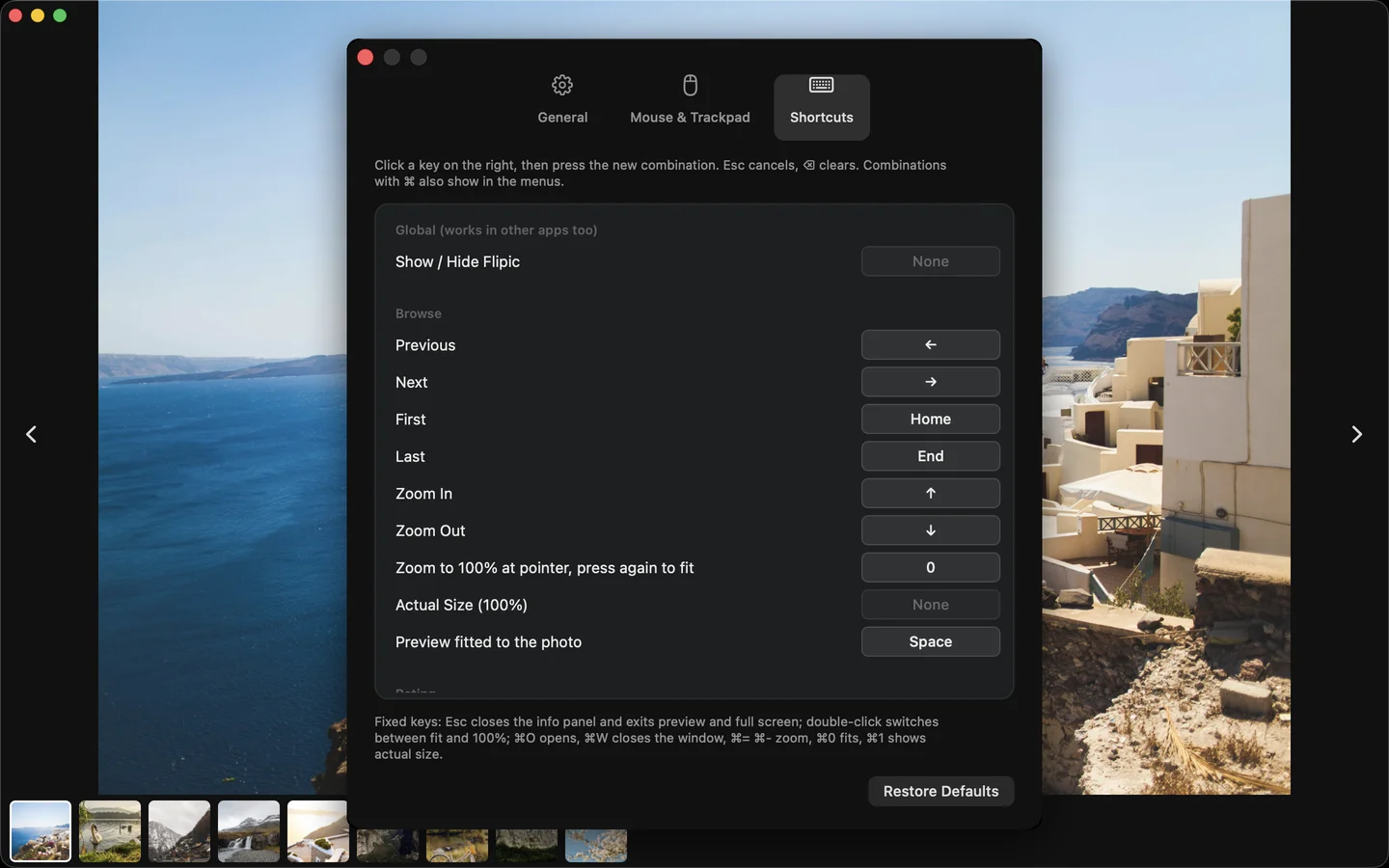 Flipic settings with customizable shortcuts